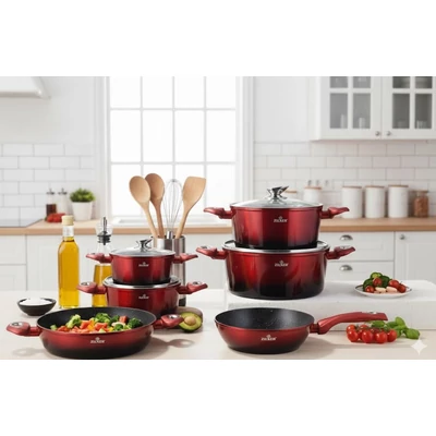 Zilner 15 részes metál piros-fekete színű márvány bevonatú edénykészlet ZL 8520