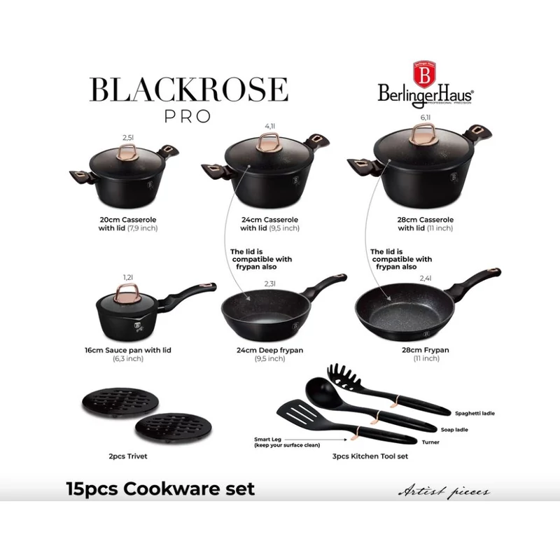 Berlinger Haus Black Rose Collection 15 részes edénykészlet márvány bevonattal BH 8234