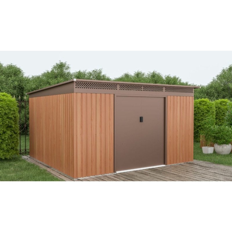 G21 GRAH 1132 barna félnyeregtetős fém ház, kerti tároló 340x333 cm